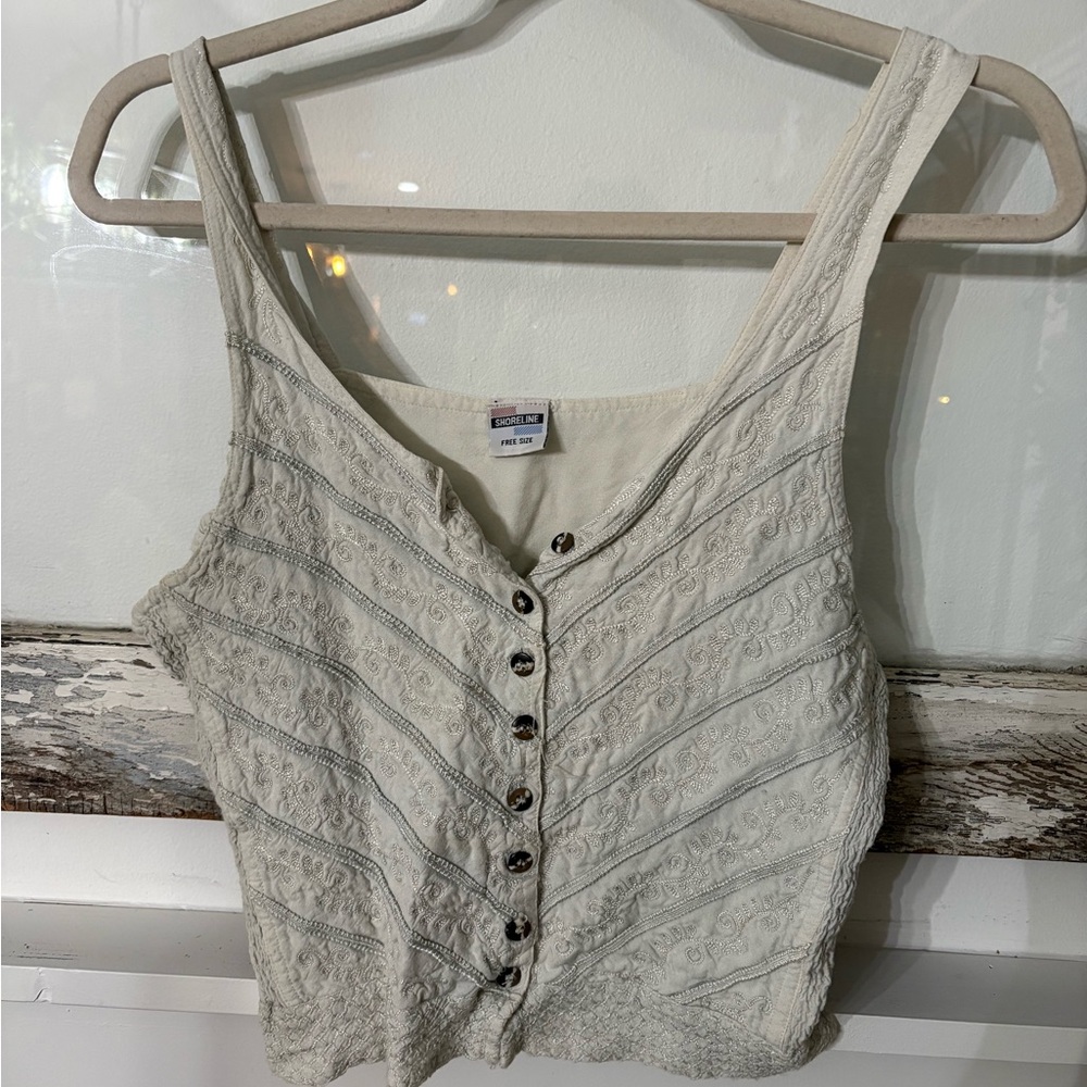 Shoreline Ivory Embroidered Blouse Vintage look tank fairy crop boho beautiful‎
